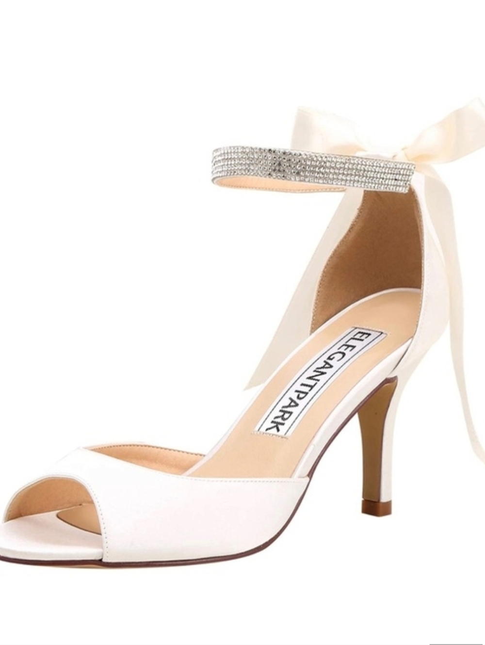 ElegantPark White Ivory Satin Ankle-Strap Heels with Rhinestone Accent Sz 7.5